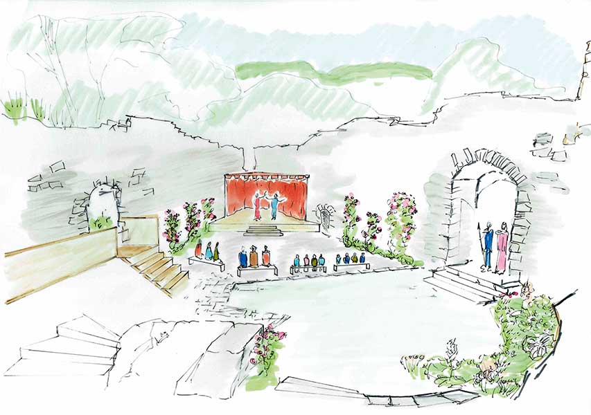 Im Burghof sollte am ehemaligen Platz der Burgkapelle eine fix überdachte Bühne aus Holz aufgebaut werden. Auf dieser können die Künstler ihre Vorstellungen abhalten. Am hinteren Teil sollte ein kleiner Stau- und Technikraum erschaffen werden.