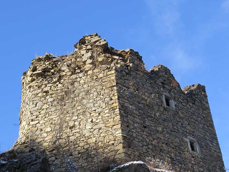 Der Wehrturm der Burgruine wurde durch Verwurzelungen sowie durch Wettereinflüsse stark beansprucht.